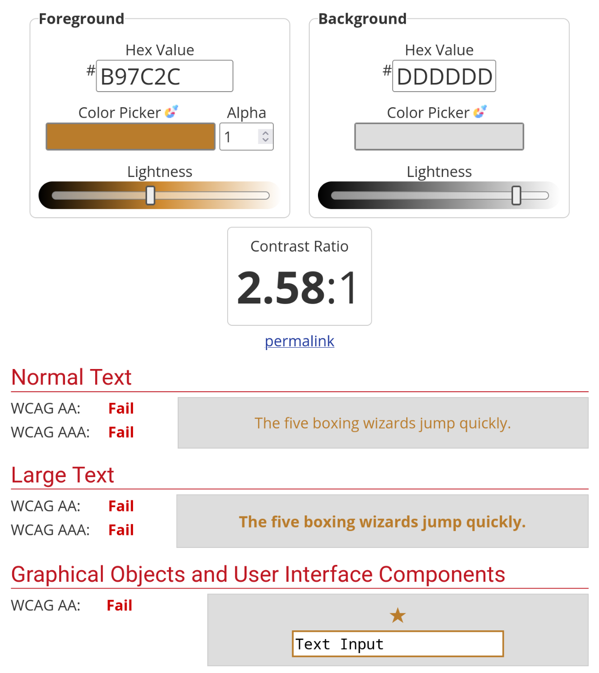 Contrast checker with failed 2.58:1 results on original template colors