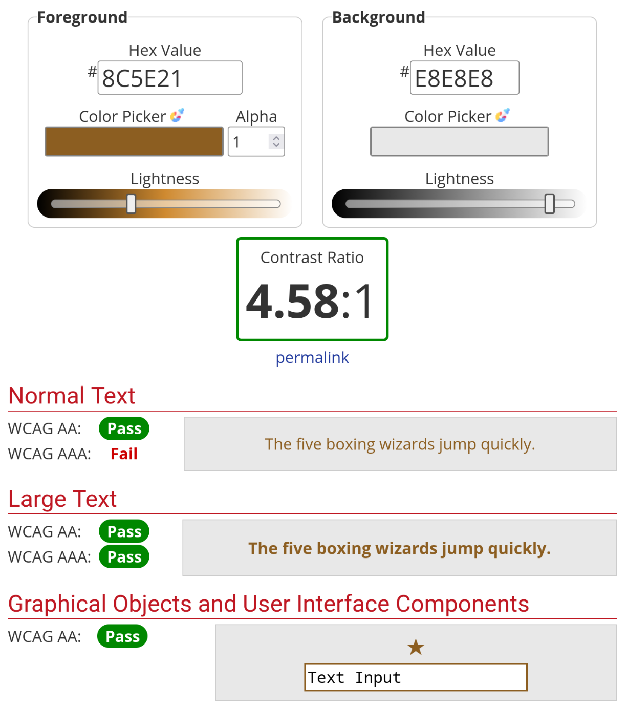 Contrast checker with passing 4.58:1 results but not gold