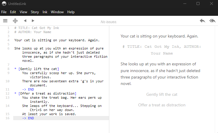 Inky with the sample story, showing preview panel