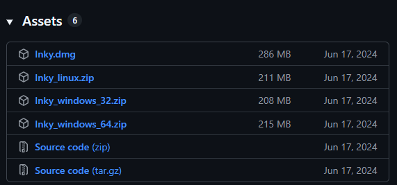 Inky releases page with Windows download highlighted