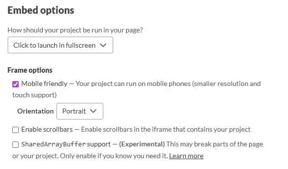 Upload section with embed options settings