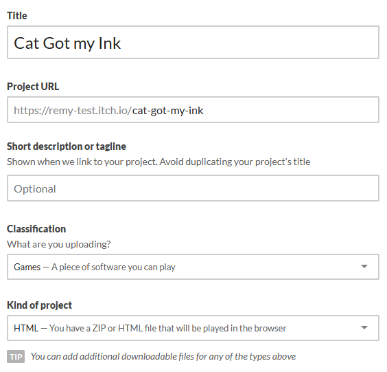 Project creation form with HTML selected