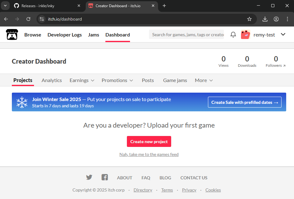 Dashboard with "Create new project" button