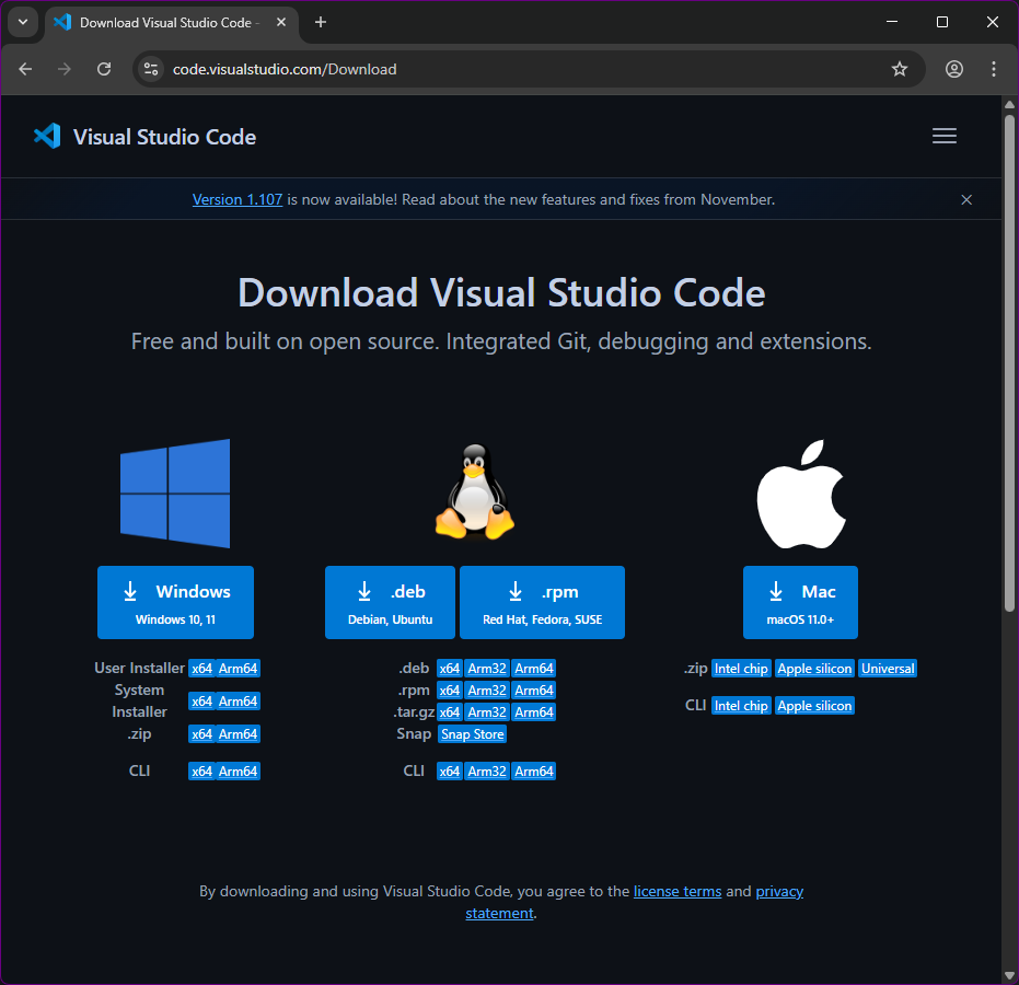 VS Code download page