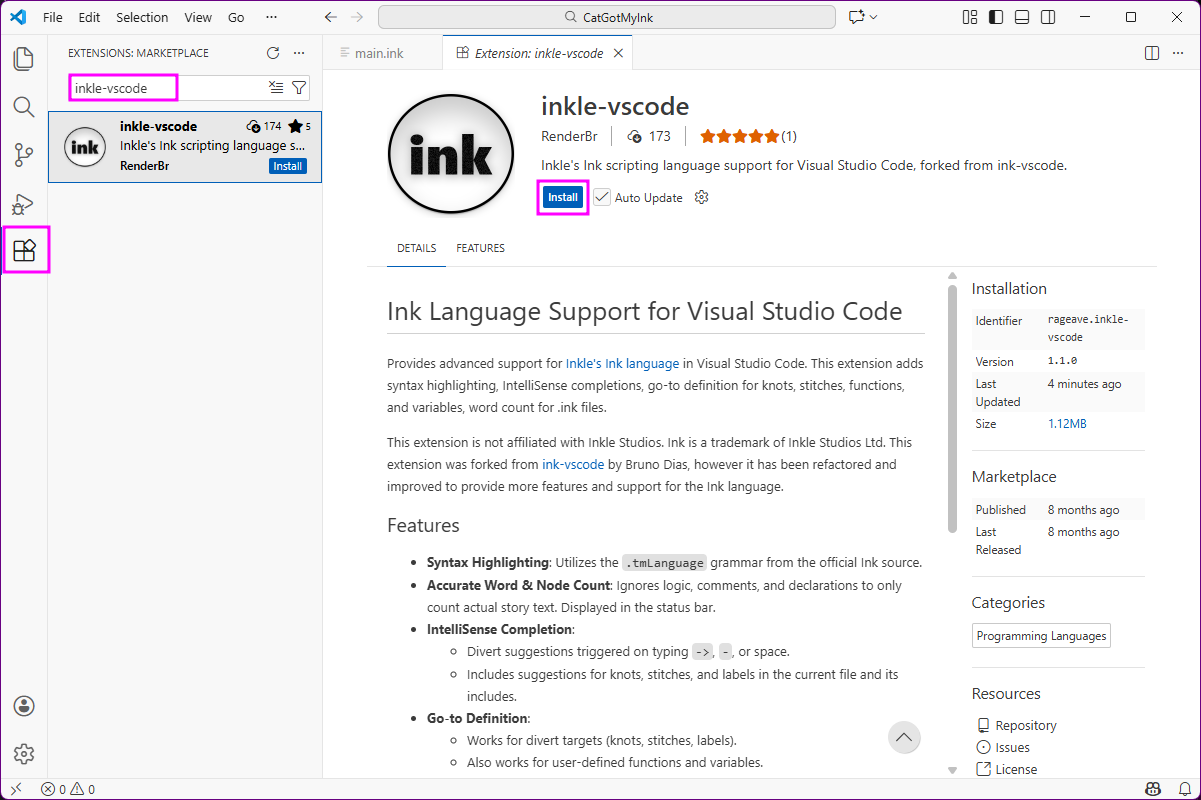 Extensions panel with Ink extension