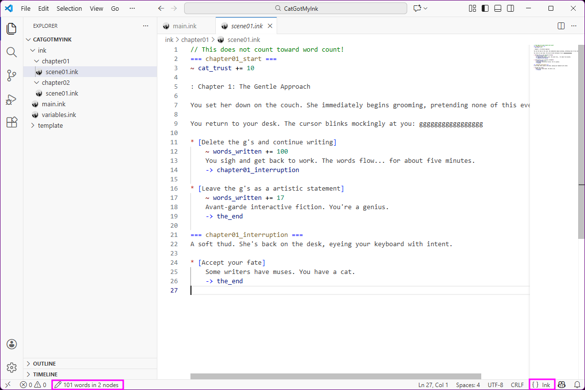 VS Code with ink syntax highlighting with word count and file type