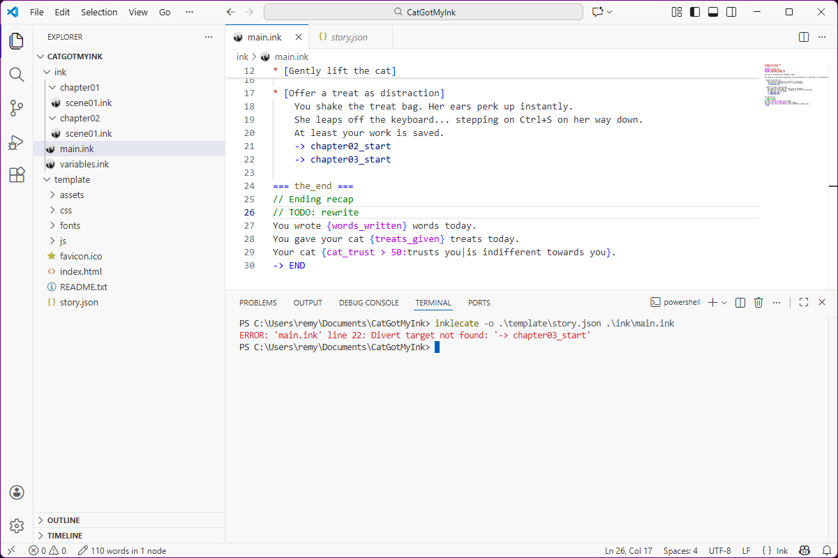 VSCode terminal showing inklecate error