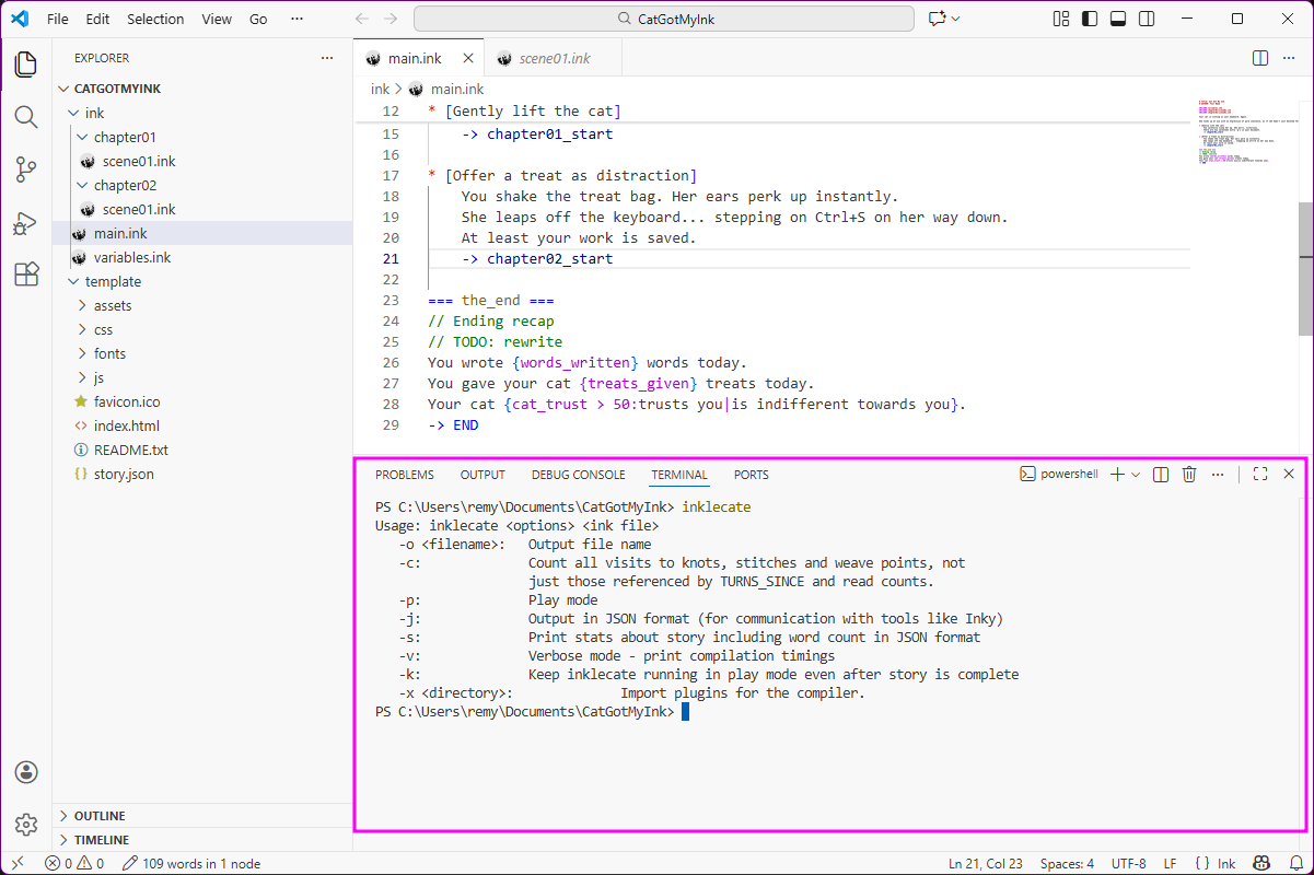 Terminal showing inklecate usage output