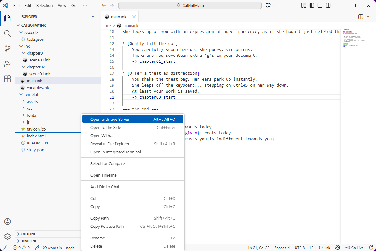 VS Code Right-click context menu with "Open with Live Server"