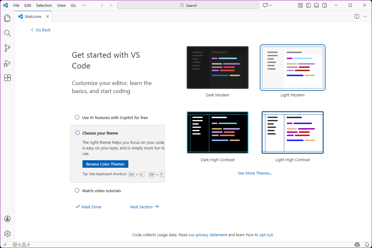 VS Code welcome screen