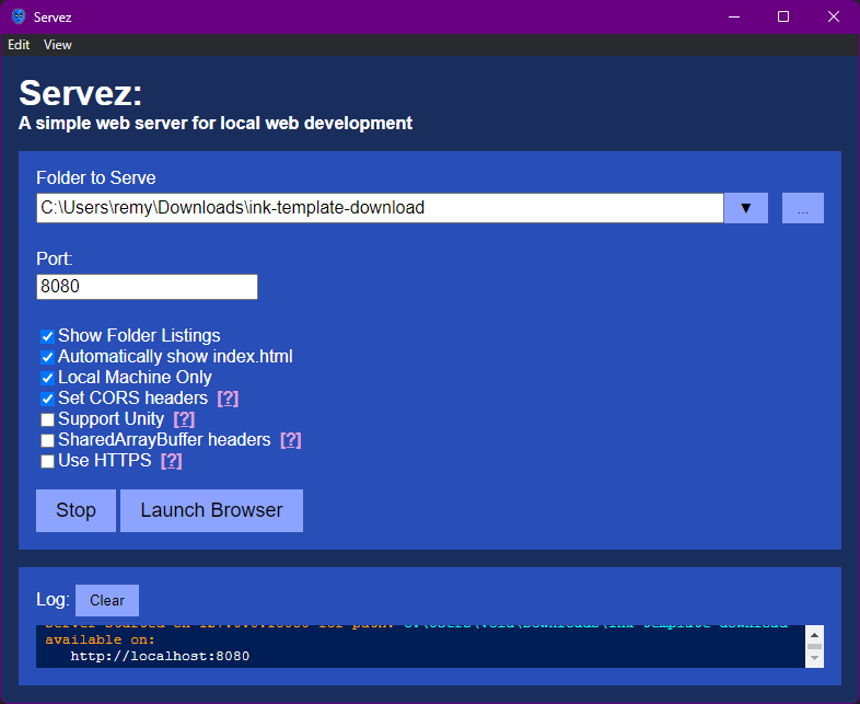 Servez interface with local server running